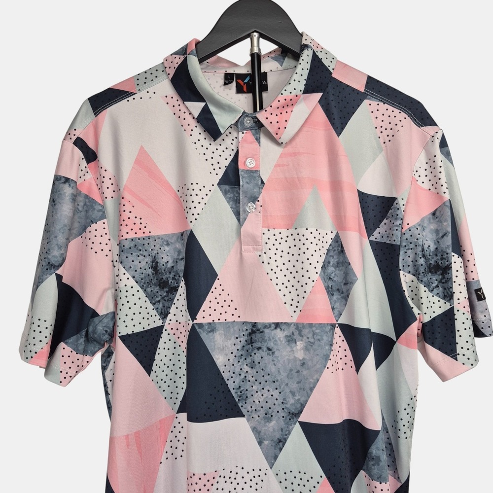 Yatta Golf Mens Performance Polo Shirt Pink Navy Geometric Triangle Print L